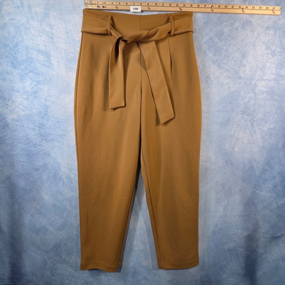 Leith‎ Womens High Waisted Tapered Tie Waist Pants Camel Brown Size M Cropped